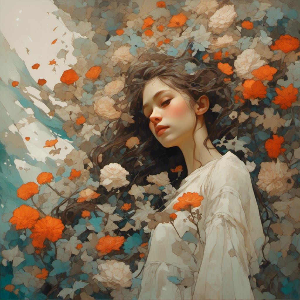 Girl's Demise Among Flowers in Expressionist Style