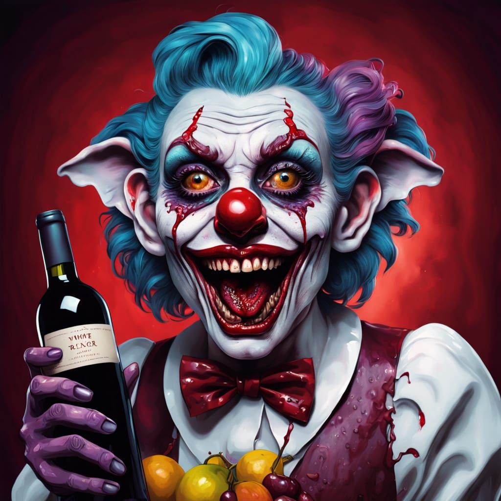 Hyper-Realistic Zombie Monkey Clown Impersonator in Wine-Fue...