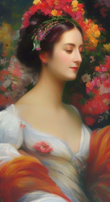 Woman Dancing in Floral Robe: Klimt-Ghibli Oil Painting