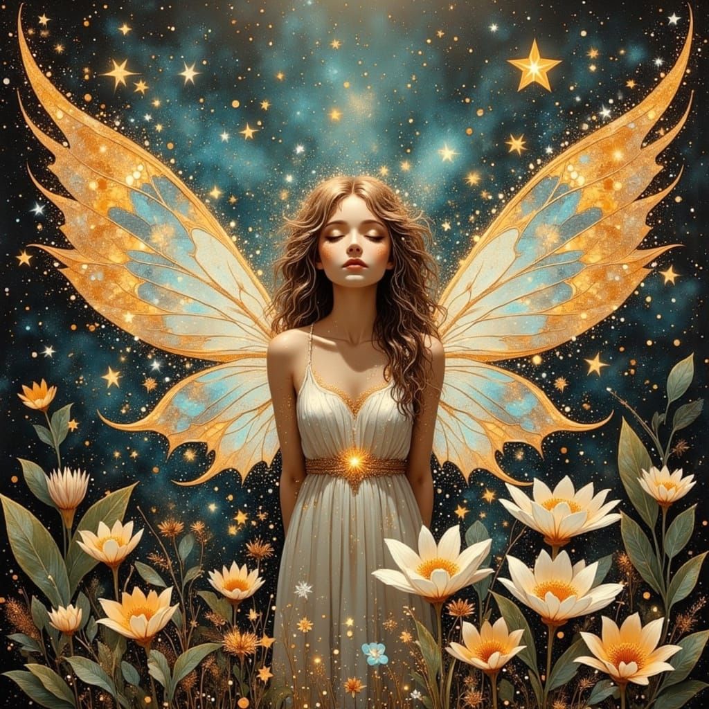 Opalescent Wisp Fairy Among Starforged Blooms