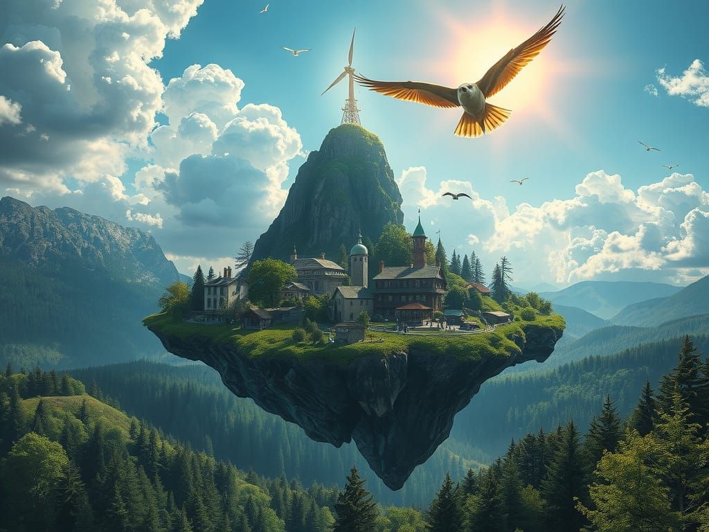 Eine fliegende Insel im Himmel angetrieben durch Windkraft, auf der Insel ist ein Berg, wo Energie durch Windmühlen erze...