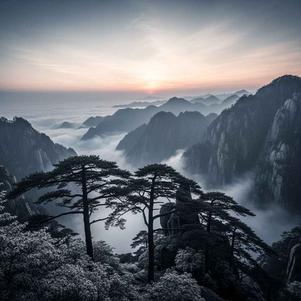 Misty Huangshan Mountains in Chinese Ink Style