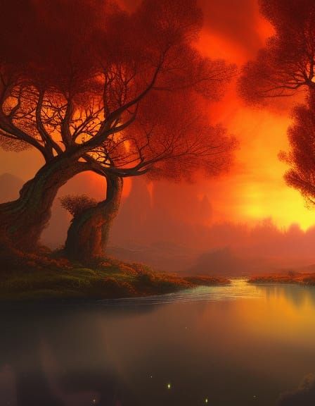 Ethereal Orange Orbs Light Breathtaking Landscape