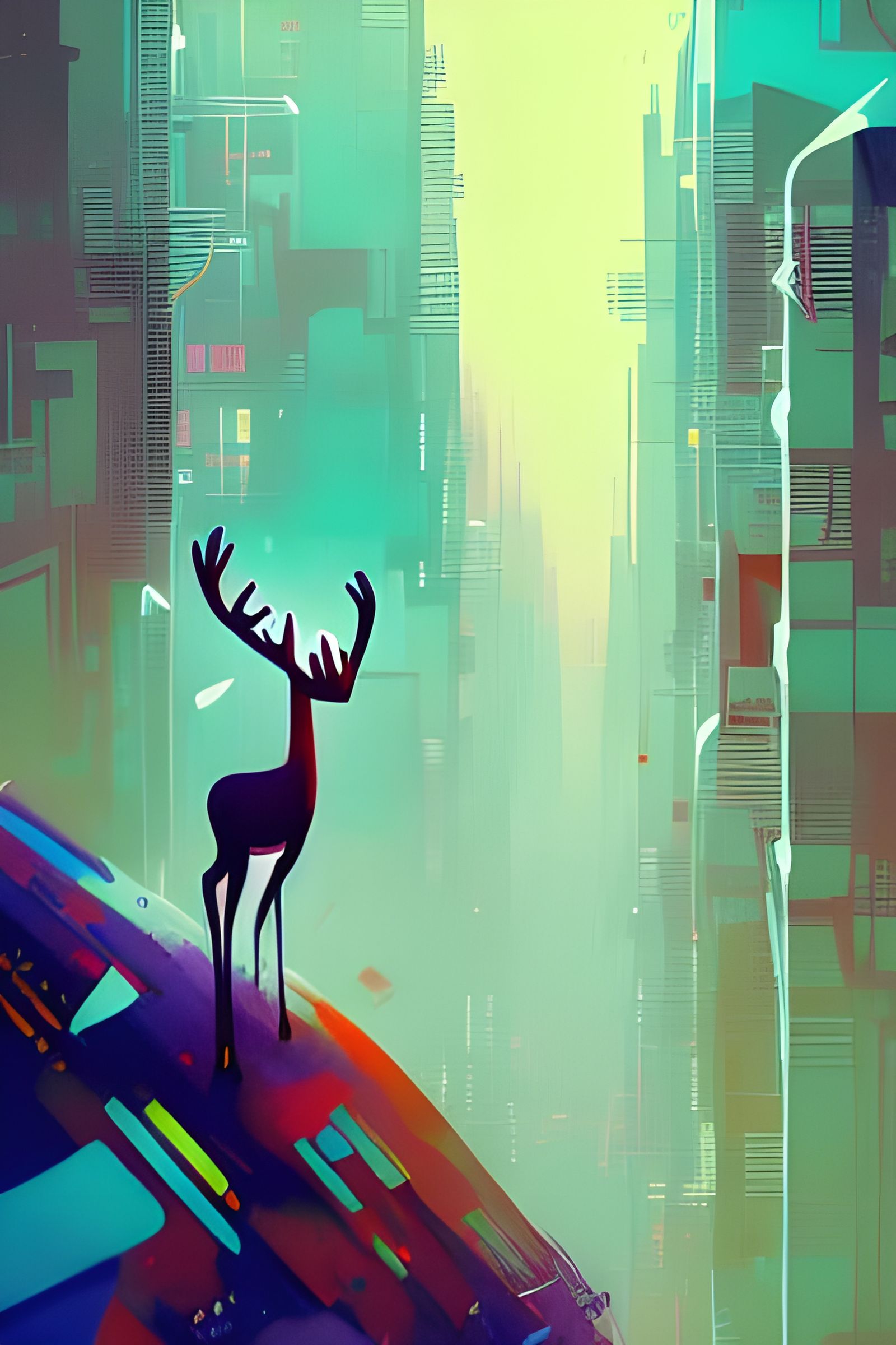 Anthropomorphic Deer Man in Cityscape, Composite Art