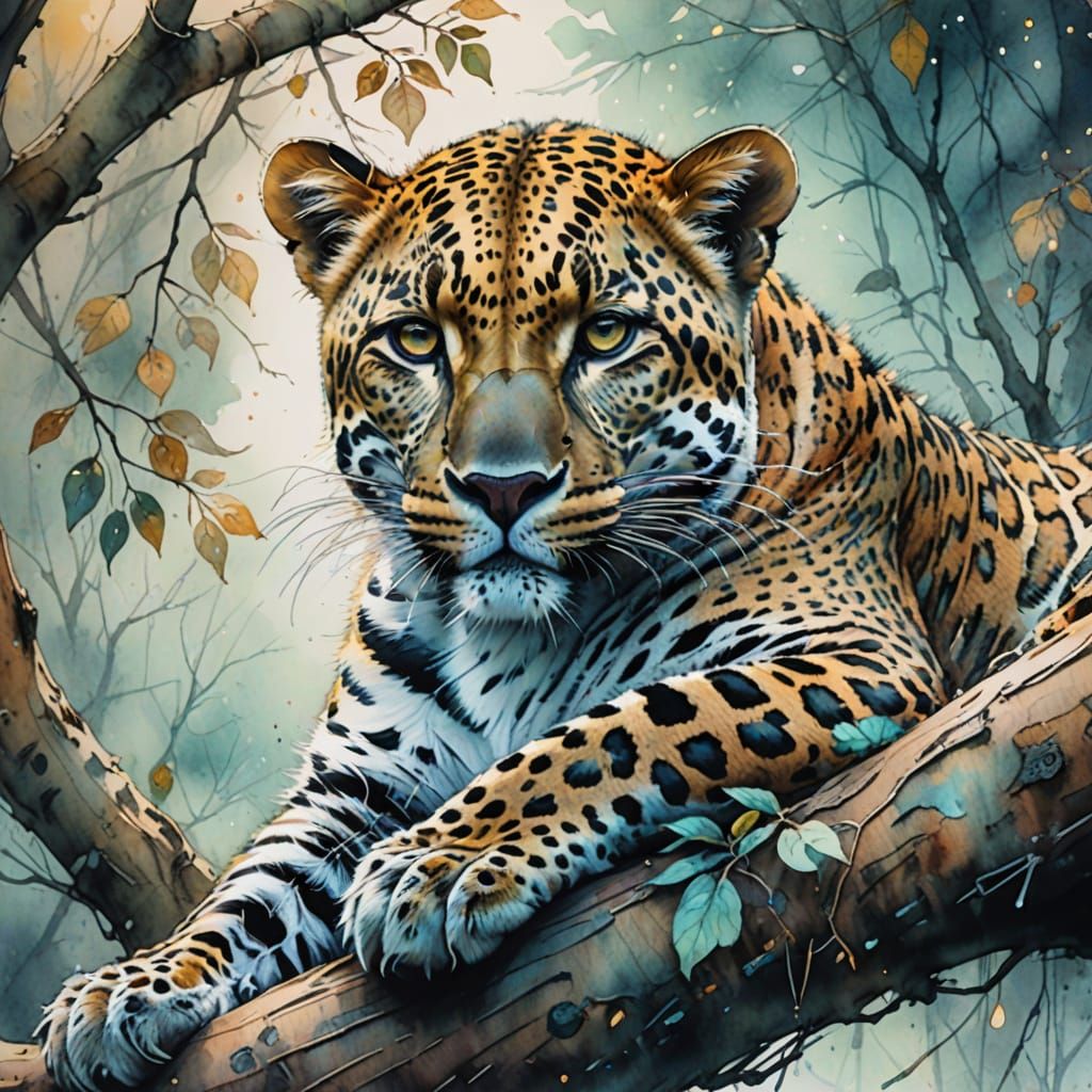 Whimsical Watercolor Leopard in Tree