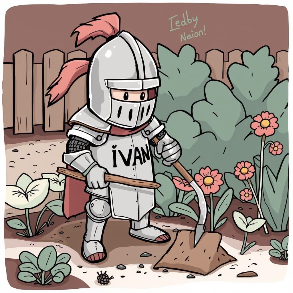 Cartoon Knight Gardening with a Hoe