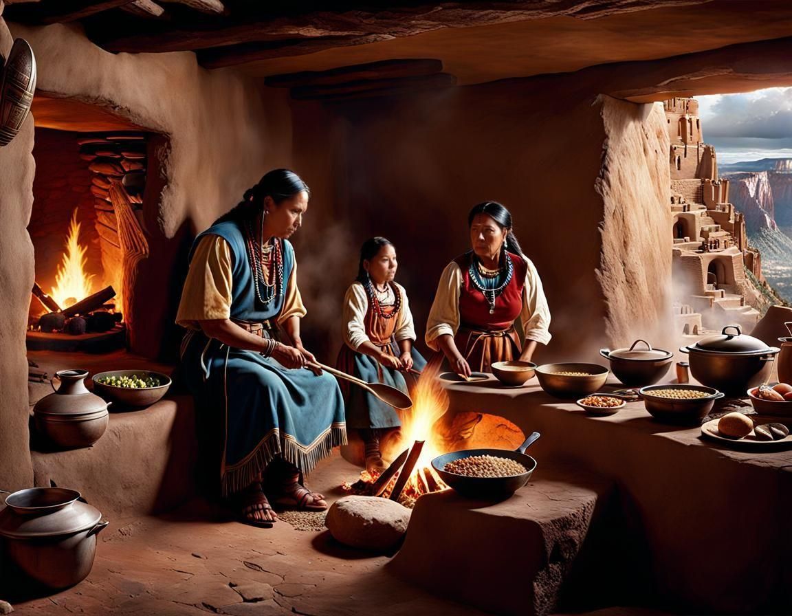 Ancestral Pueblo Family Cooking in Cliff Dwelling
