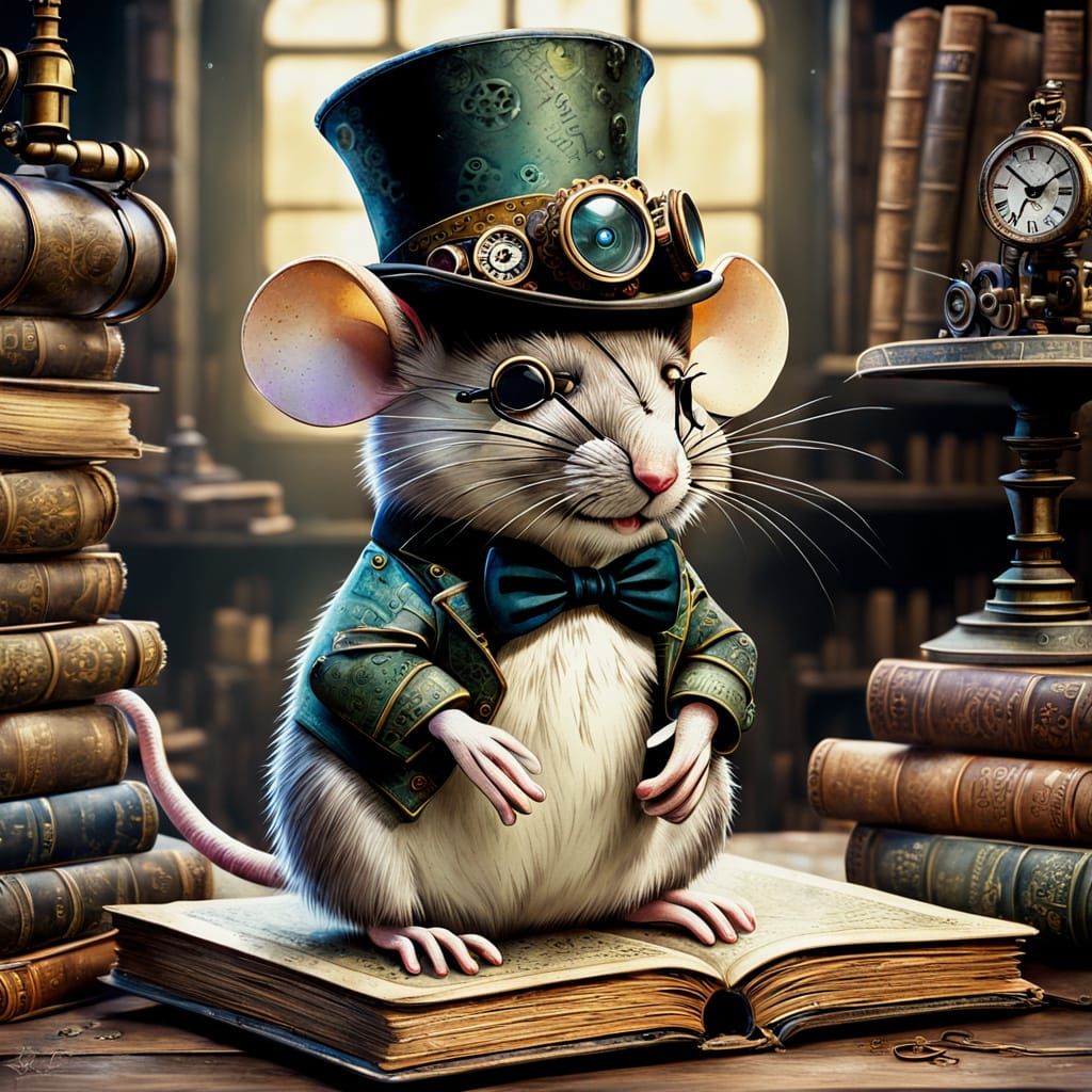 Steampunk Mouse Scholar in Workshop, Watercolor Style