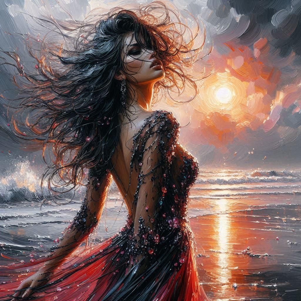 Red Dress in Oil Paint Style