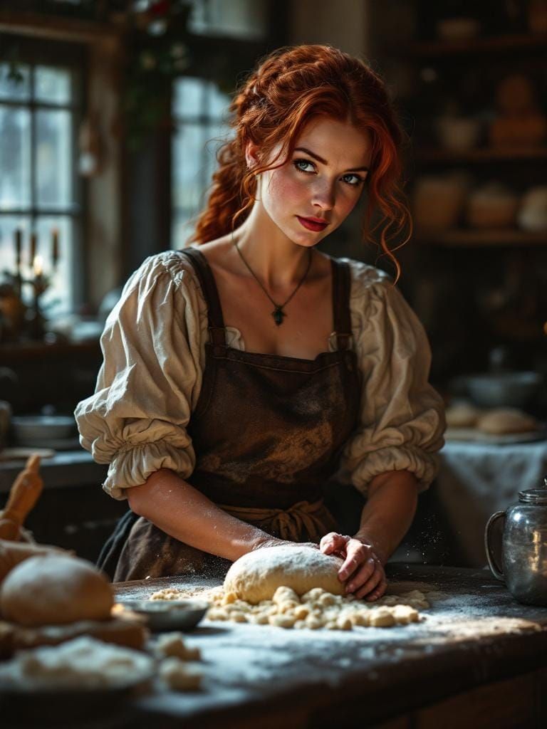 Redhead Baker Kneading Dough in Warm Christmas Kitchen