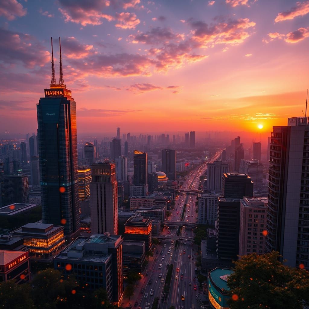 Utopian Cityscape at Sunset with Fireflies