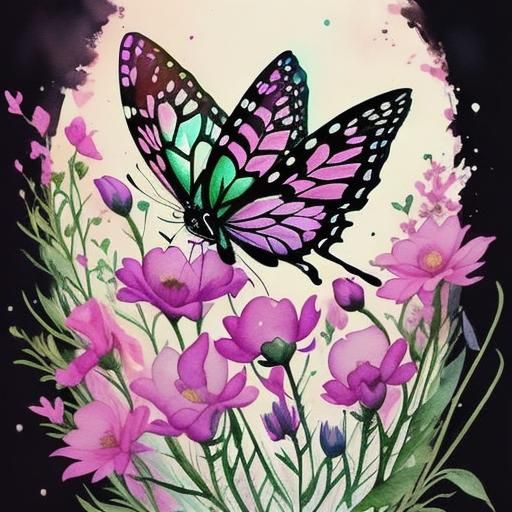 <lora:Vibrant Ink v2:1.0> astral, (double exposure 1.1) darkened silhouette of butterfly, field of flowers, 2d vector il...
