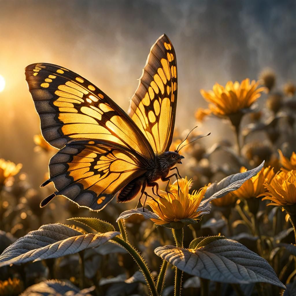 Bioluminescent Butterfly on Mutant Flower in Sunrise Lightin...