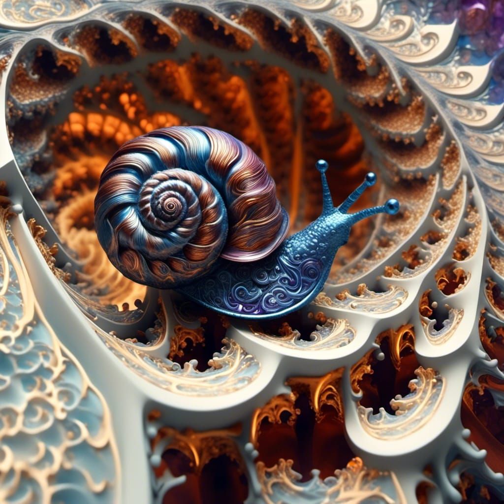Metal Fractal Snail Climbing Pumice Staircase