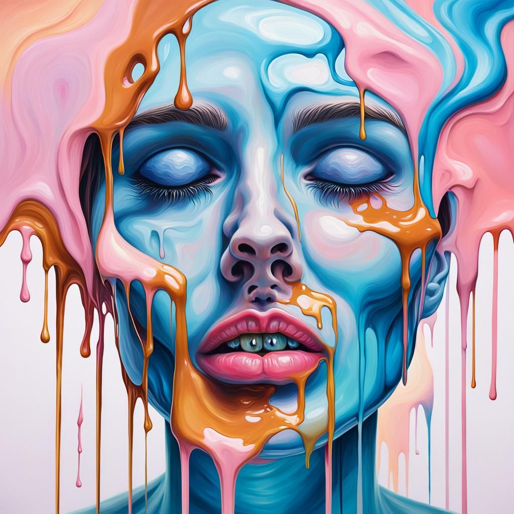 Surreal Melting Face in Dreamlike Oil Painting