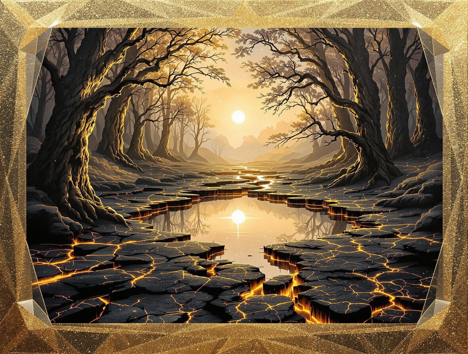 Mystical Forest Clearing in Luminous Watercolor and Gold