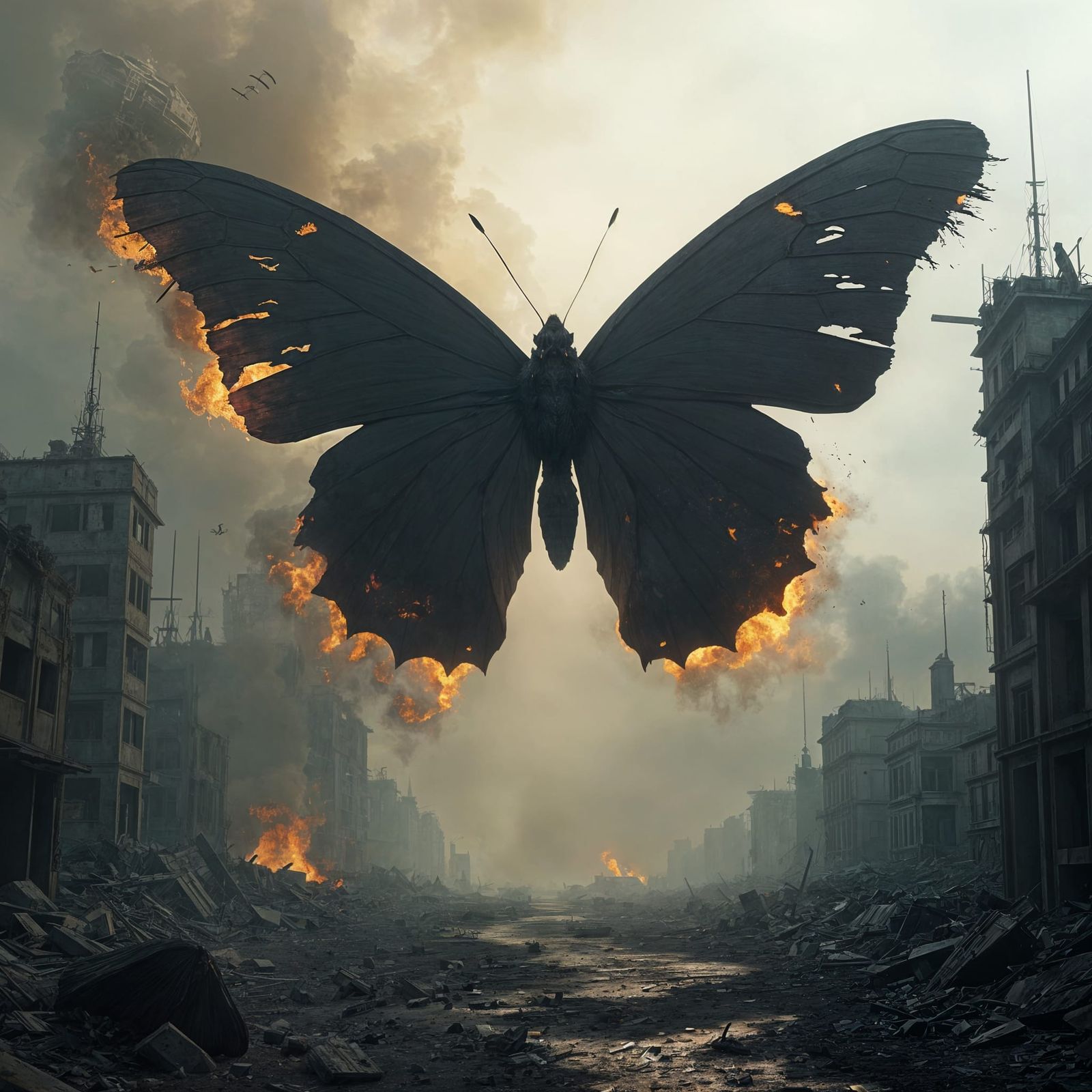Apocalyptic Butterfly Soaring Over Ruined Landscape