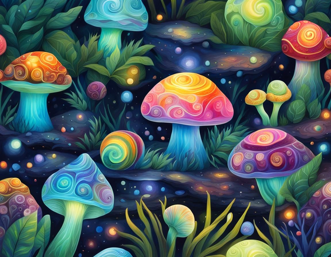 Iridescent Snails in Moonlit Ecosystem