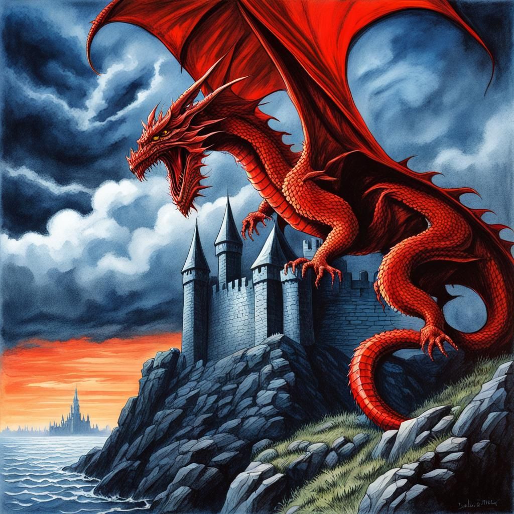 Haunted Castle with Red Dragon: Dark Fantasy Art