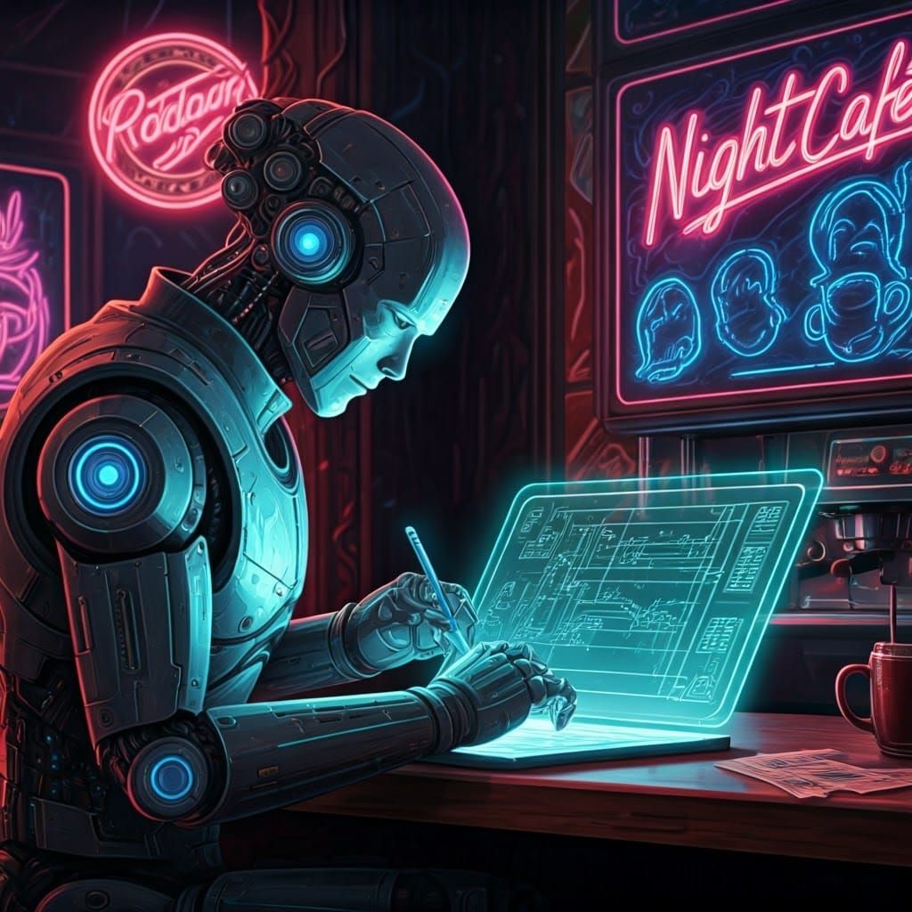 Sleek Robot Captures Coffee Shop Magic in Neon-lit NightCafe