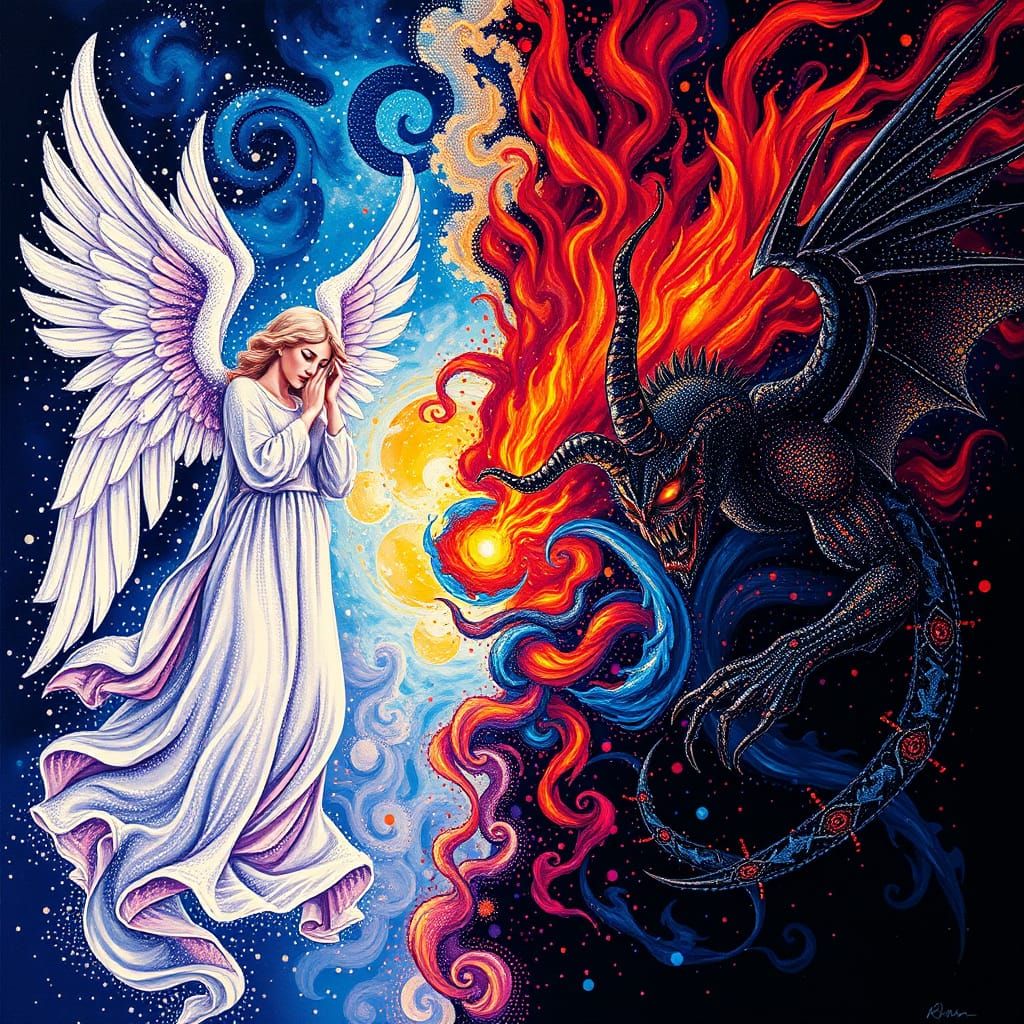 Angels and Demons in Vibrant Pointillism Style