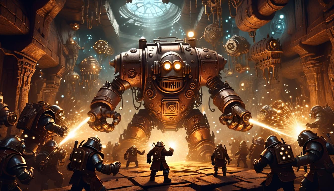 Steampunk Dwarf Battles Clockwork Horde in Cavern