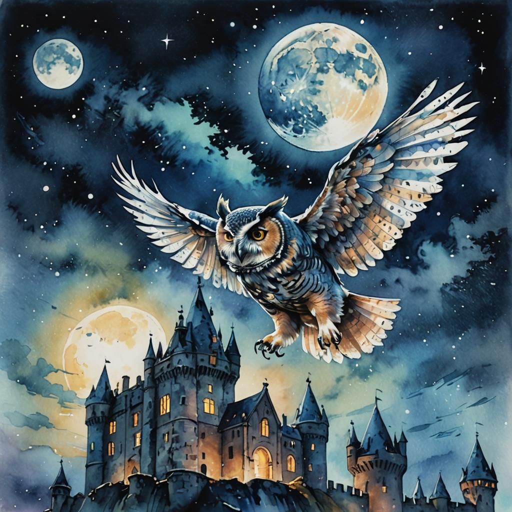 Owl in Flight on Starry Night: Watercolor Vaporwave