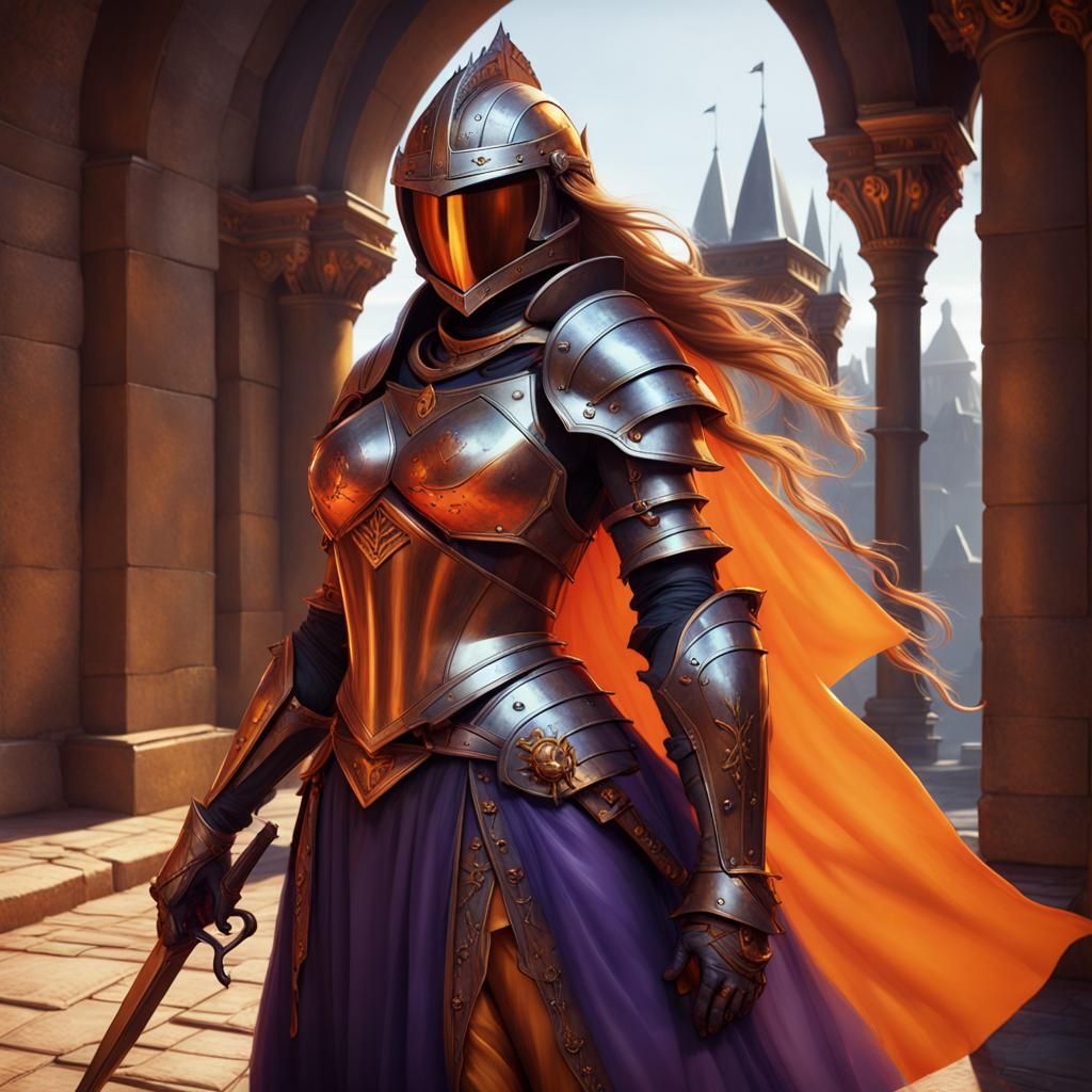 Male and female knights in orange armor.