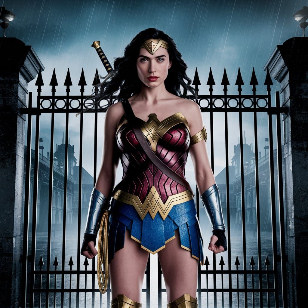Wonder Woman at Arkham Asylum Gate