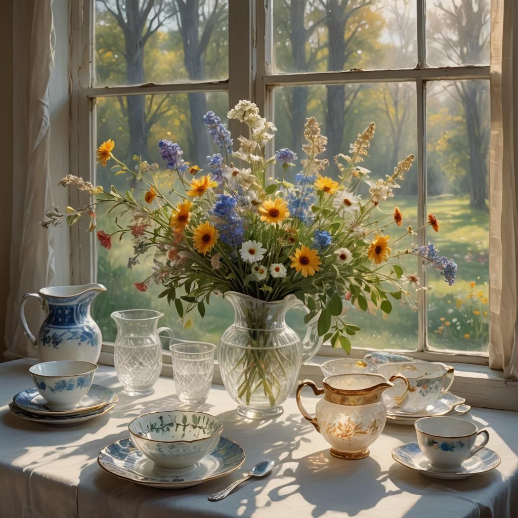 Impressionist Still Life with Vase and China