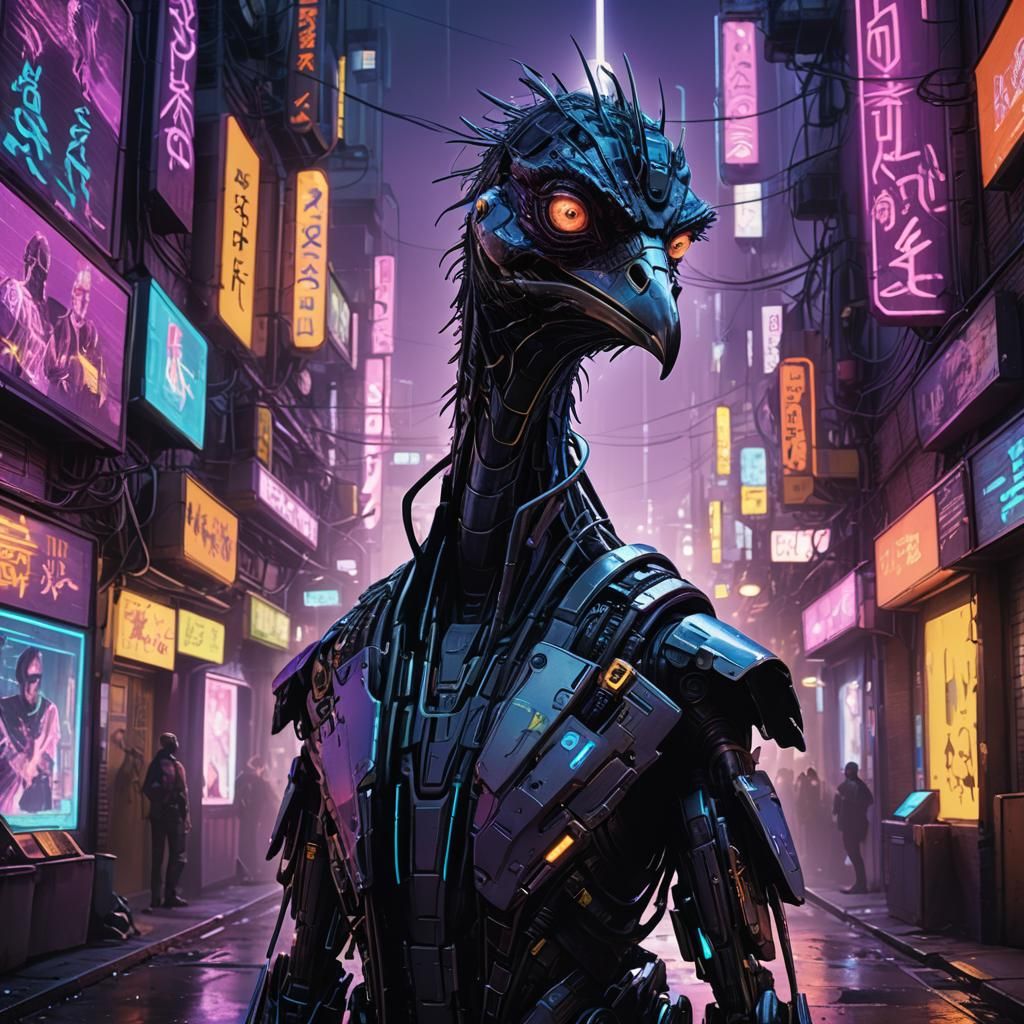 Cyberpunk Cyborg Emu in Neon Alleyway
