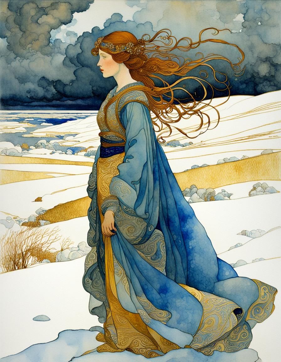 Ethereal Winter Goddess in Golden Storm