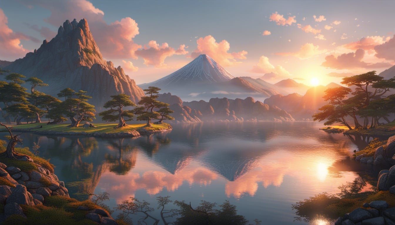 Magical Lake Japanese Mountain Sunset in Hyperrealism