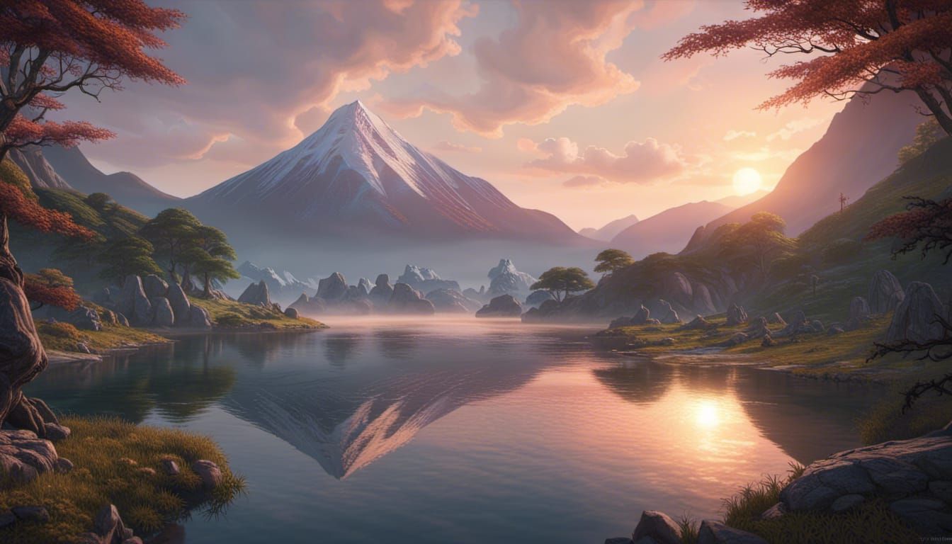 Magical Lake Japanese Mountain Landscape: Digital Art