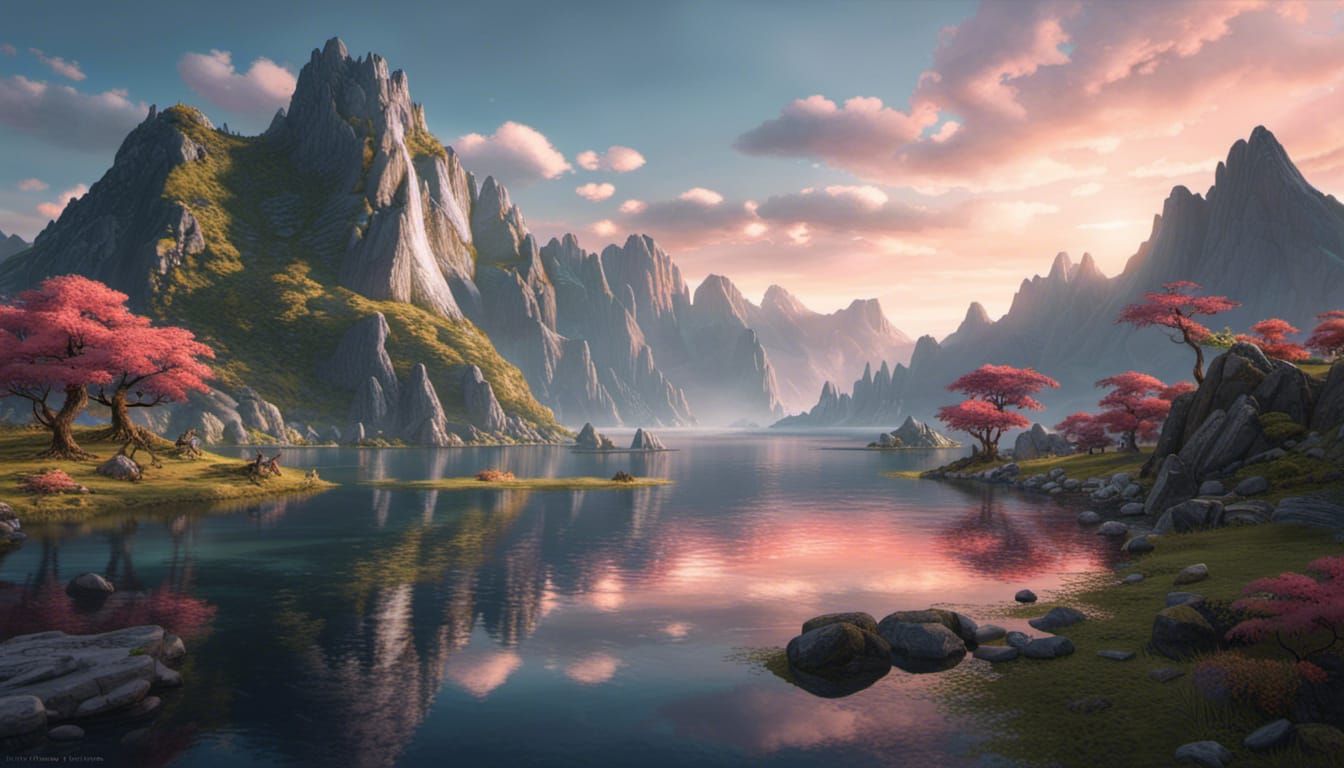 Magical Lake Japanese Mountain Landscape: Digital Illustrati...
