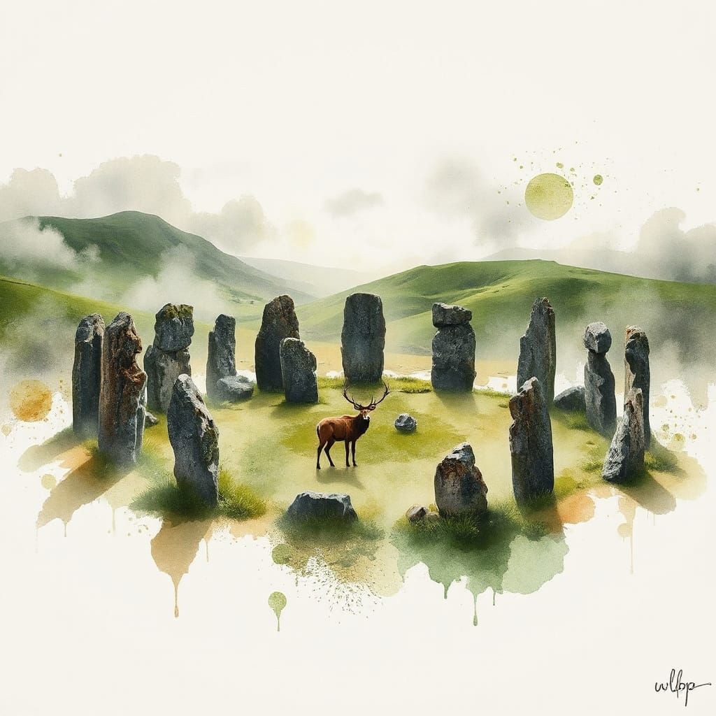 Celtic Stone Circle in Morning Fog with Majestic Stag