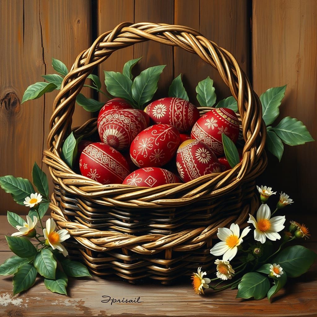 Slavic Folk Art Basket Overflowing with Intricately Designed...