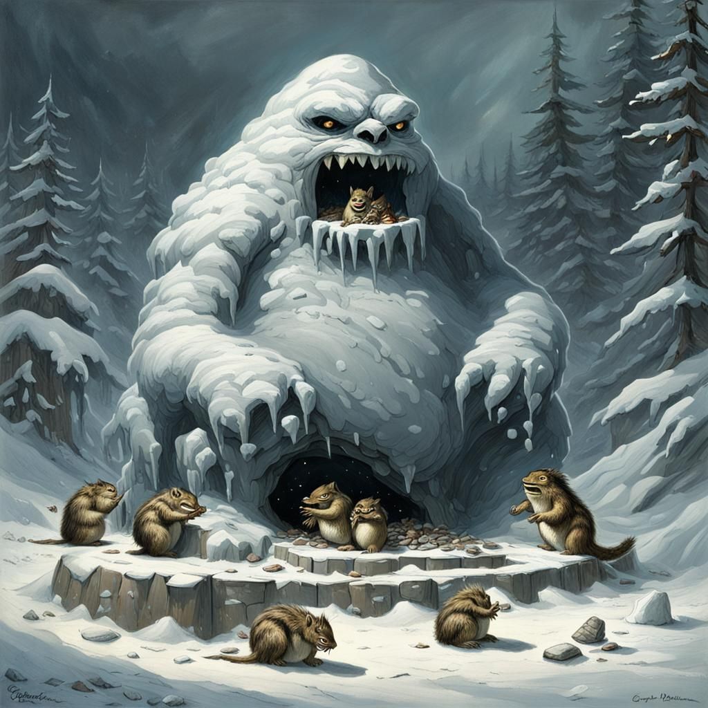 Angry Snow Monster Igloo Scene in Horror Style