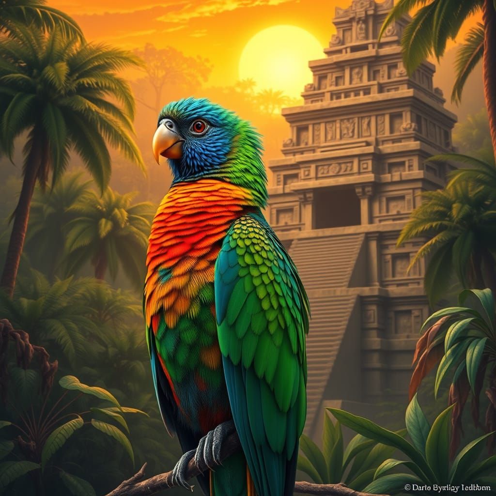 Quetzal Bird at Mayan Temple Sunset