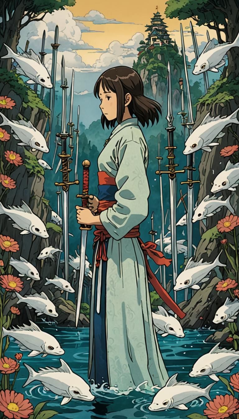 Ten of Swords Tarot Card in Ghibli Style