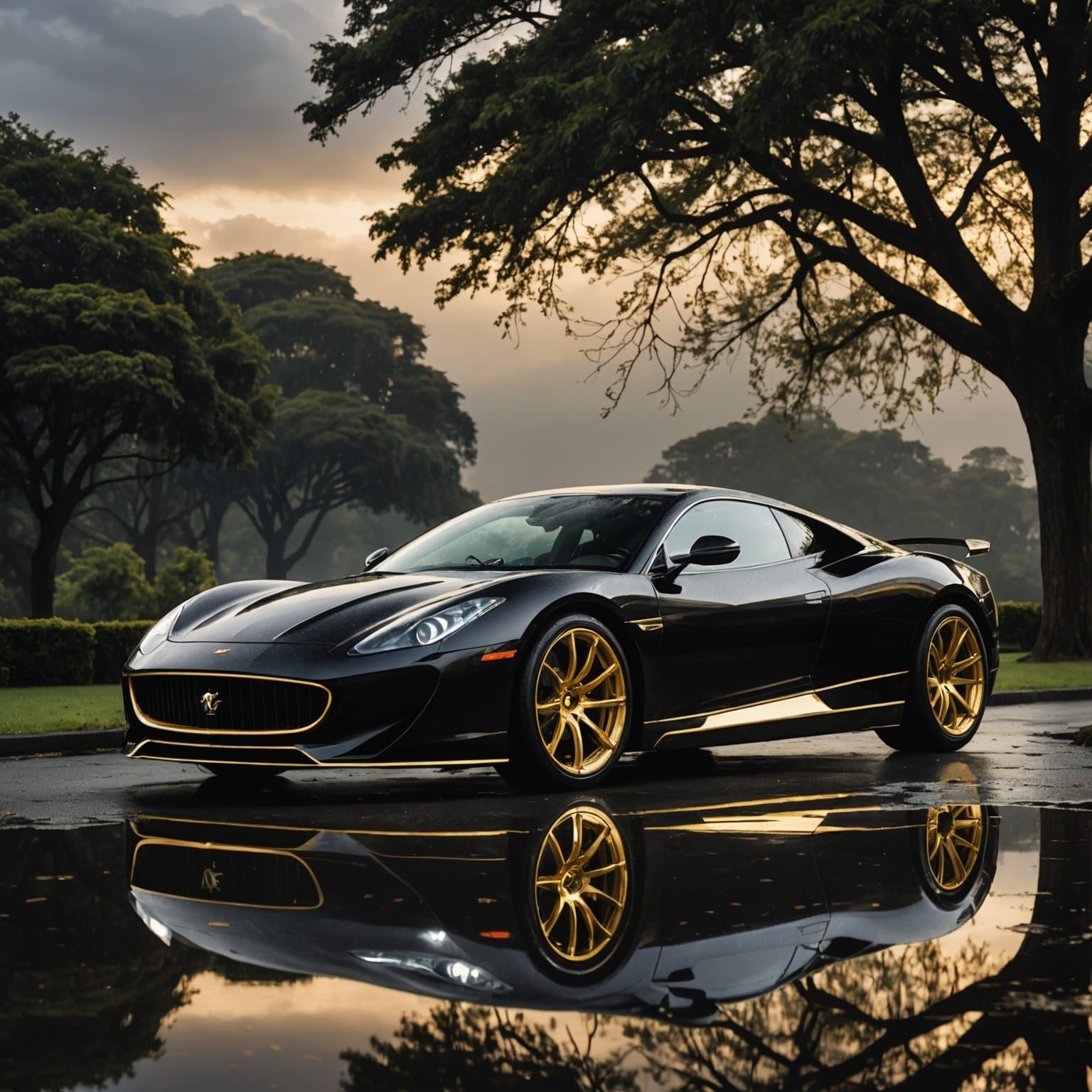 Gold Supercar Silhouette in Dreamlike Twilight