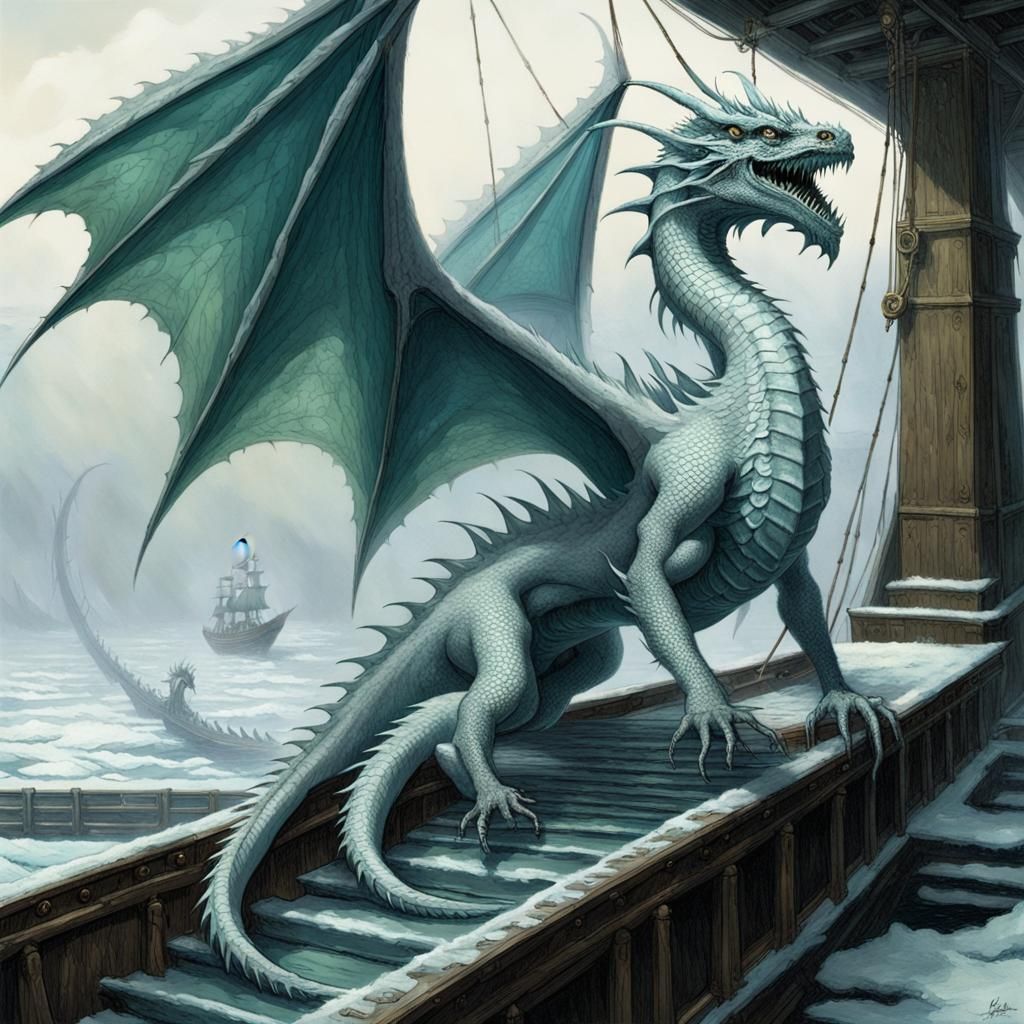 Ice Dragon on Frosty Ship Deck in Dramatic Style