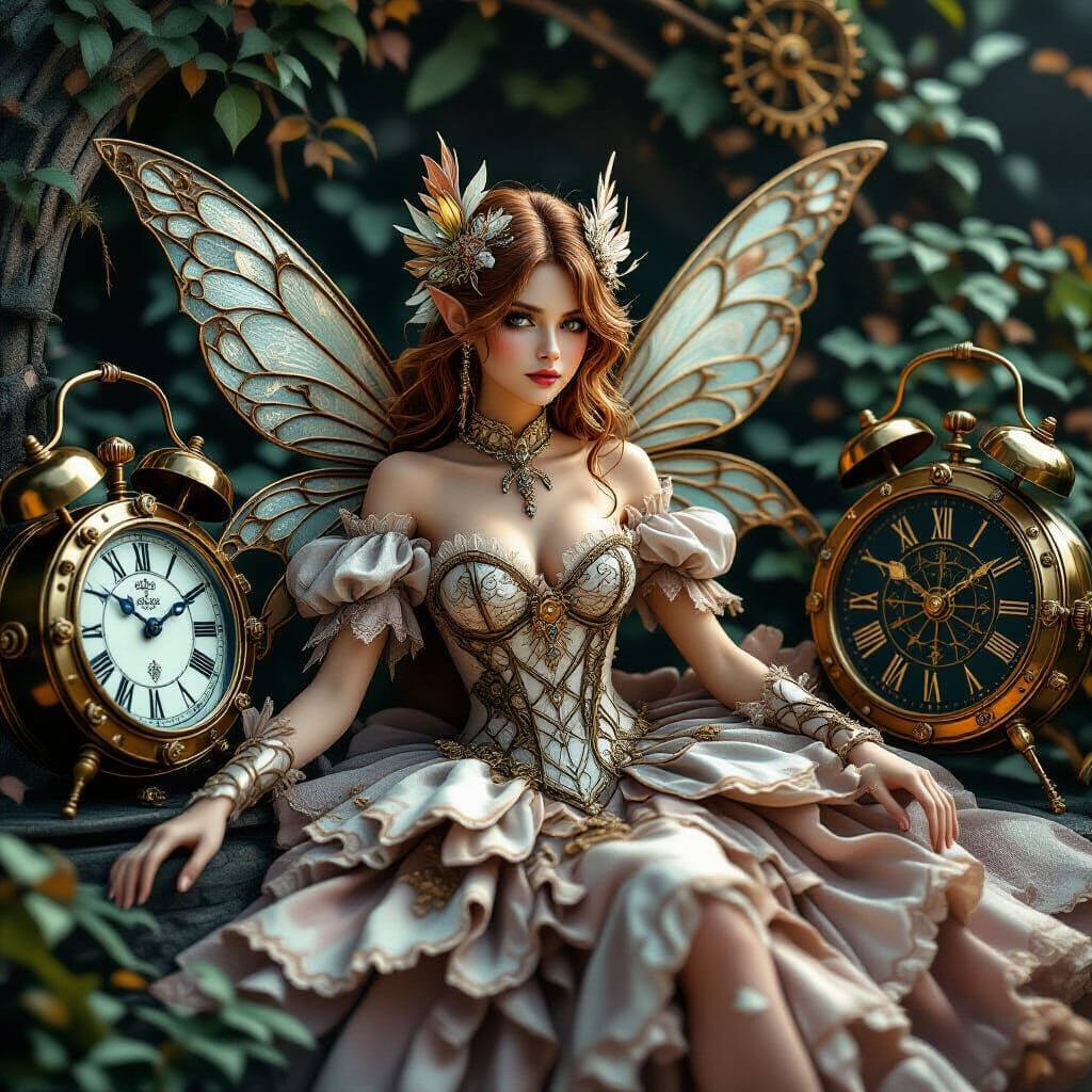 Intricate Fairy Amidst Steampunk Clocks in Matte Painting St...