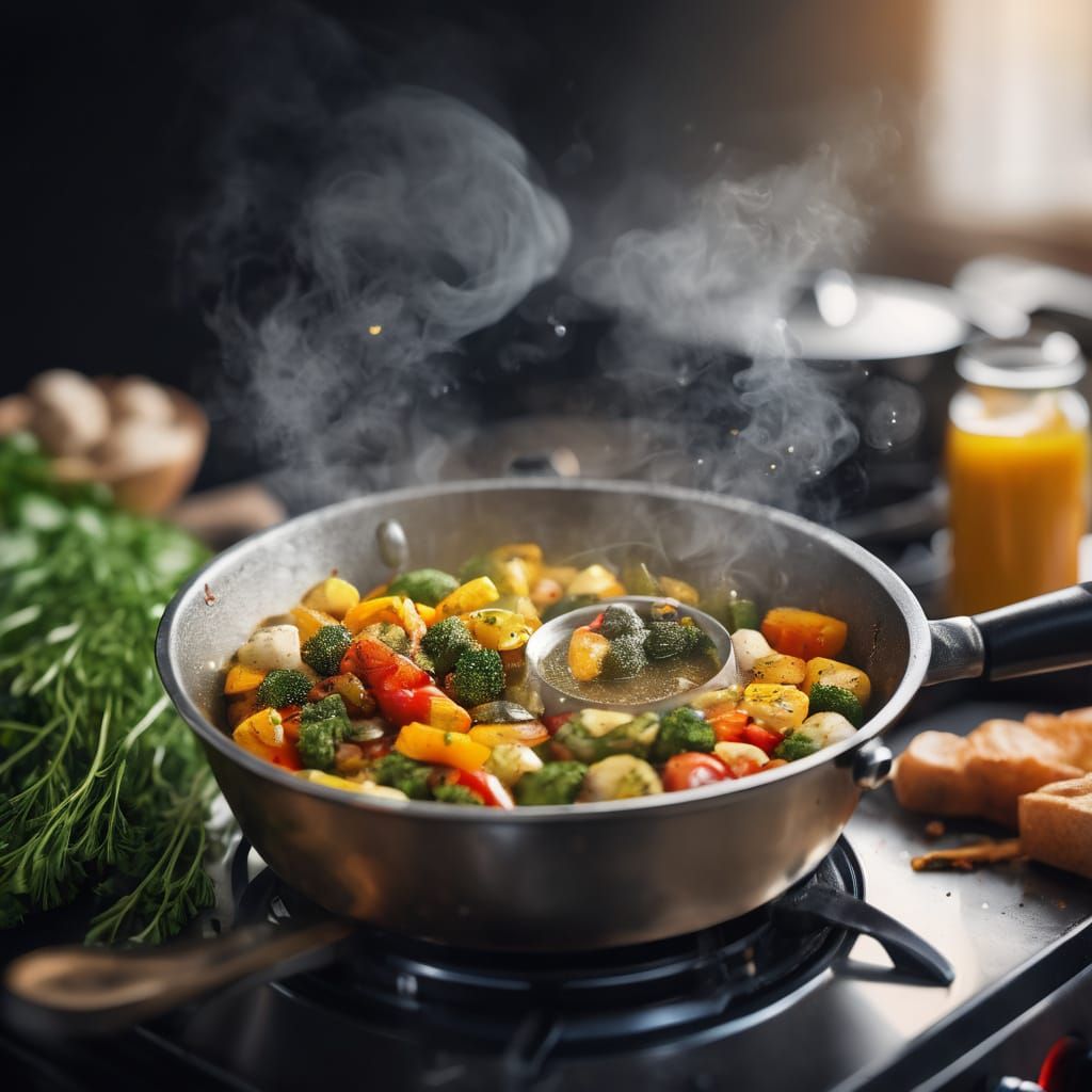 Golden Steam: Close-up of Sizzling Herbs and Spices