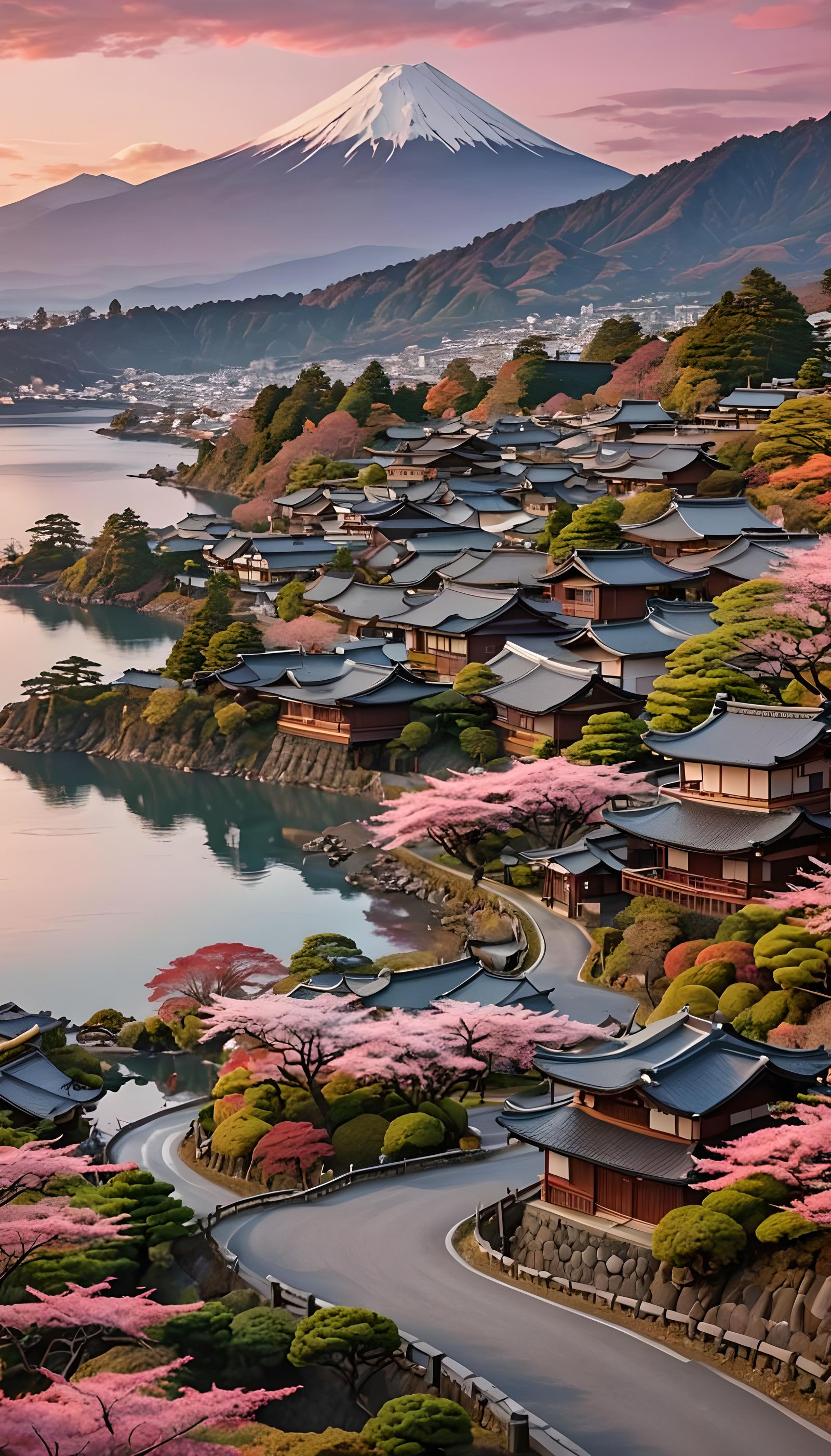 Colorful Japanese Village Landscape with Mount Fuji