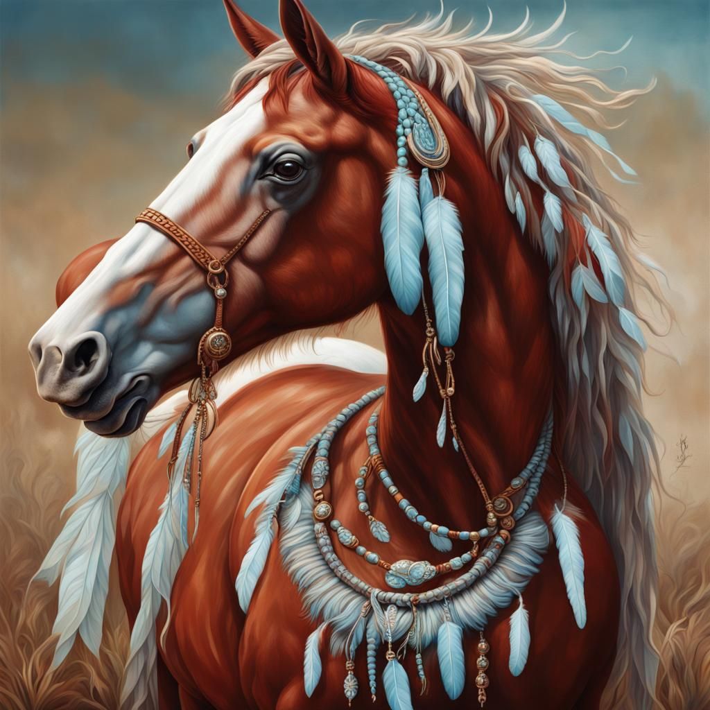 Red Horse Portrait with Shamanic Jewelry