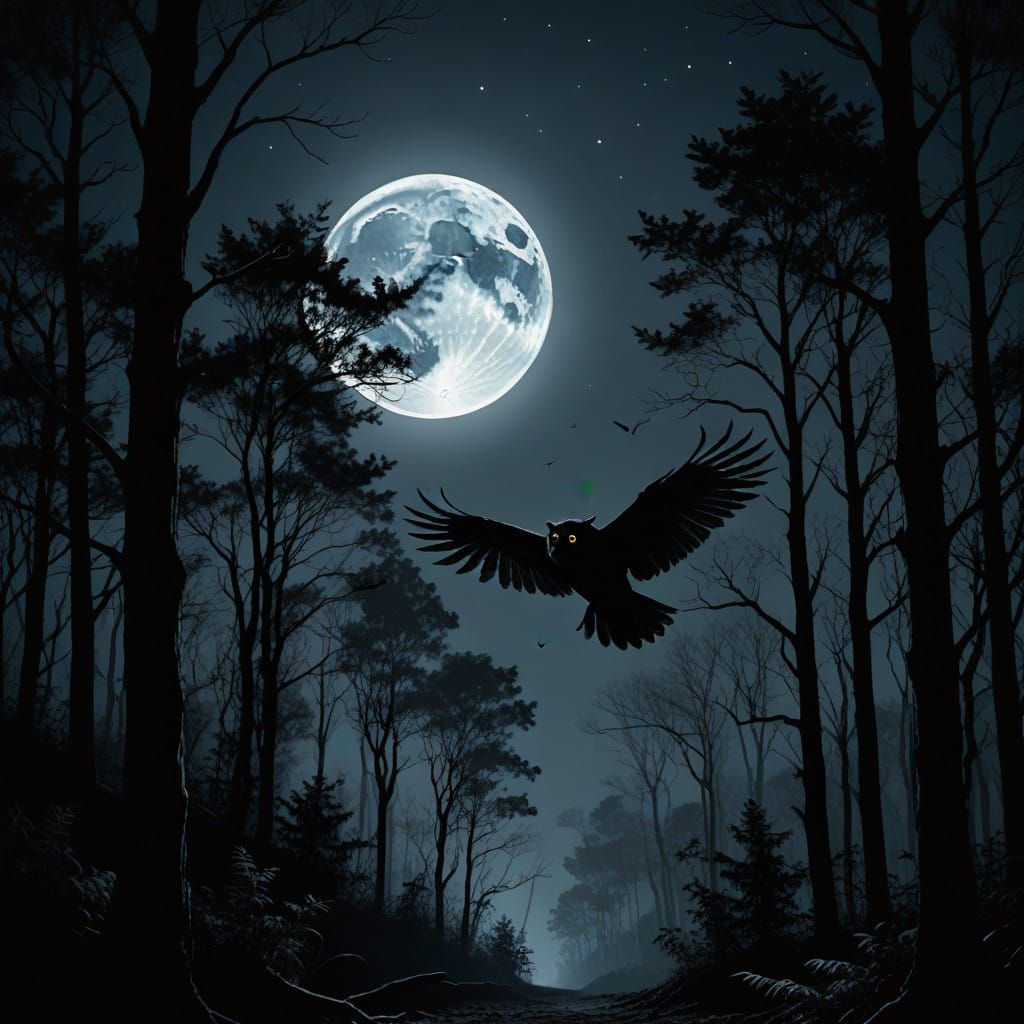 Moonlit Owl Silhouette Soars Through Dark Forest