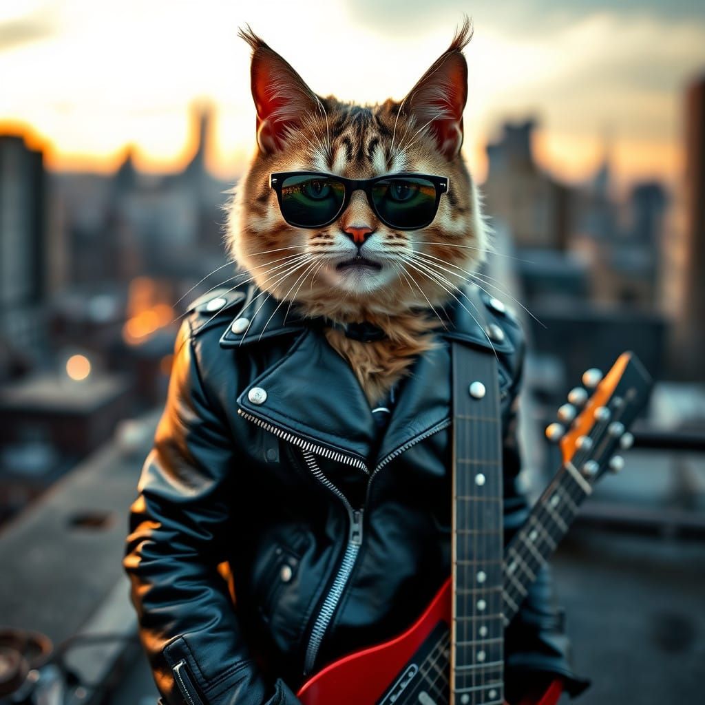 Majestic Feline Rockstar in Gritty Cityscape