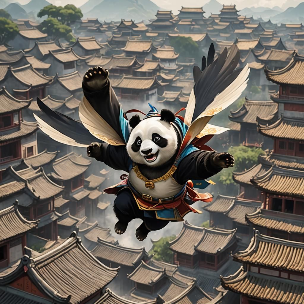 Panda Mage Flying Over Ancient China: Pixar Style
