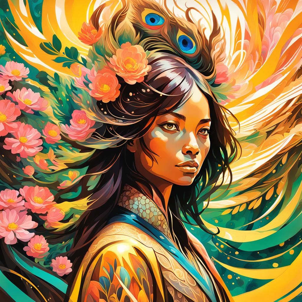 Dragon Peacock Woman in Abstract Expressionist Style